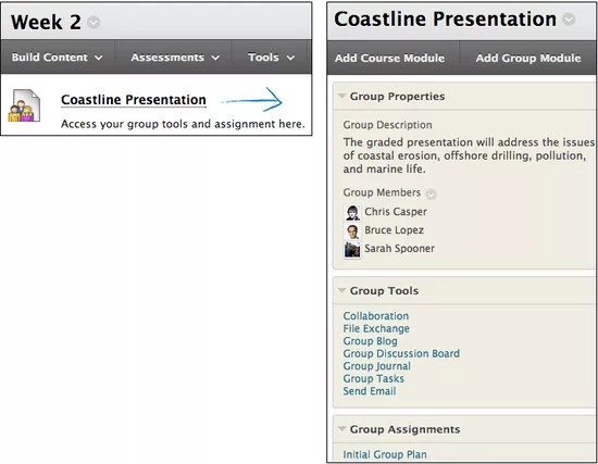 Selecting the group opens the group tools and assignment