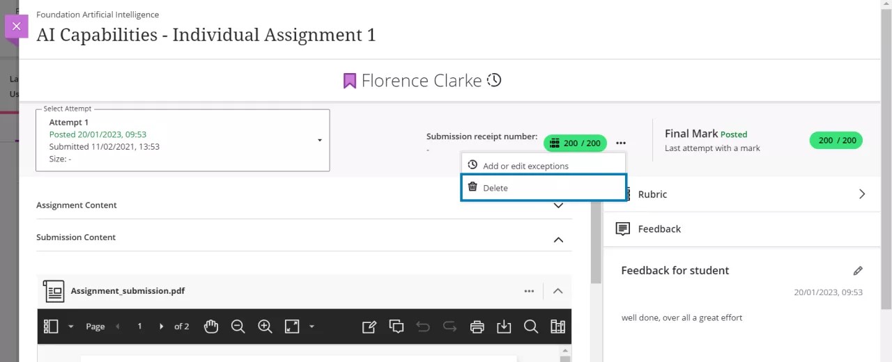 Delete attempt option displayed next to the grade pill in the Submission page.