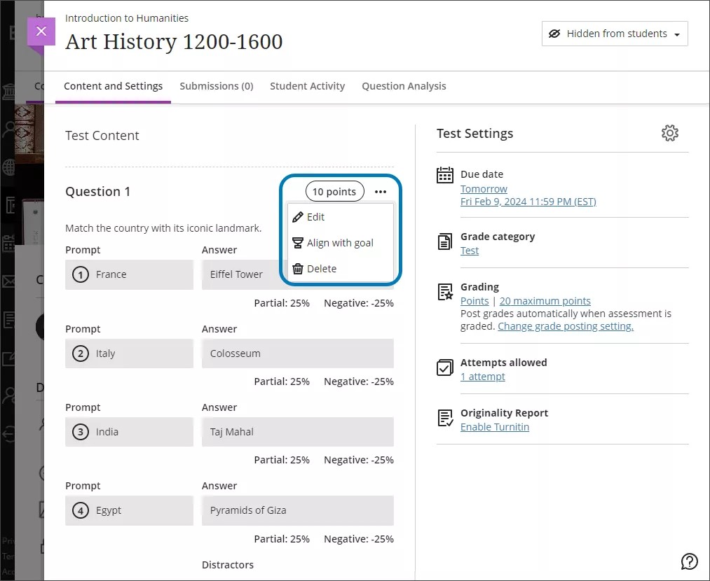 Test question panel, with the three dot More options menu dropdown open and highlighted