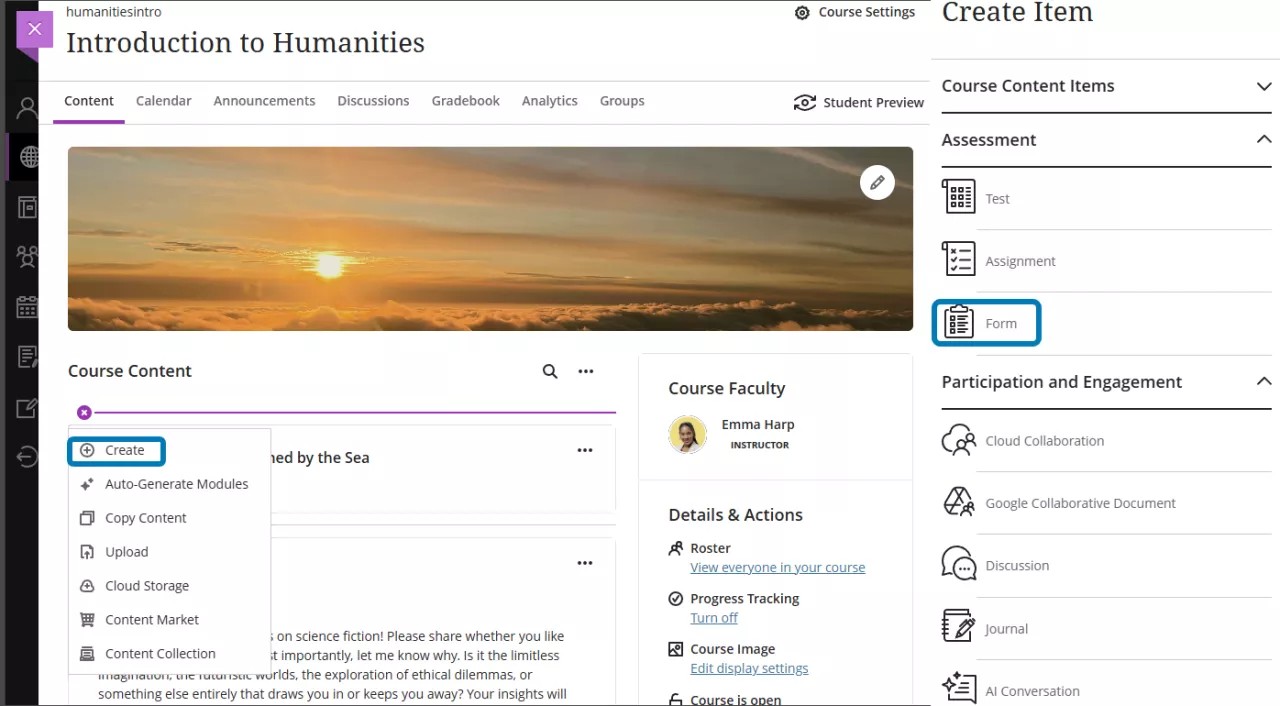 Options on the Course Content page, showing the Create panel to the right