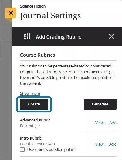 Imagen del panel Rúbricas del curso, con el botón Crear resaltado