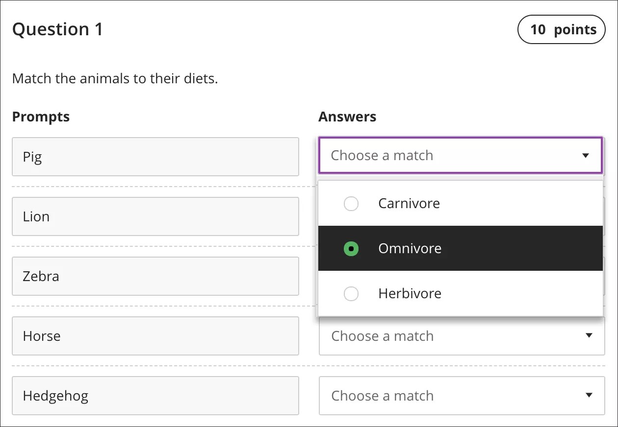 Vista del estudiante de las respuestas a una pregunta de correspondencia.