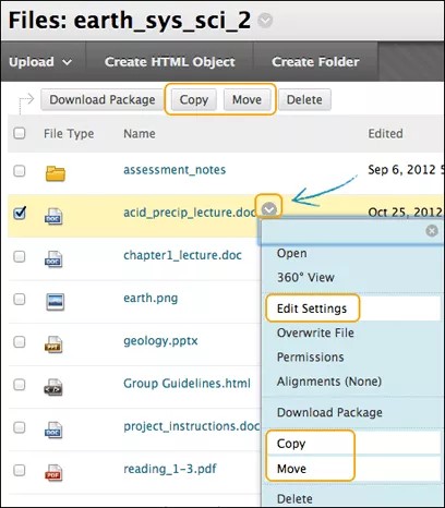 La ventana de archivos del curso, con los botones de copiar y mover resaltados, y la ventana de un archivo expandido que muestra las opciones Editar configuración y Copiar y mover resaltadas.