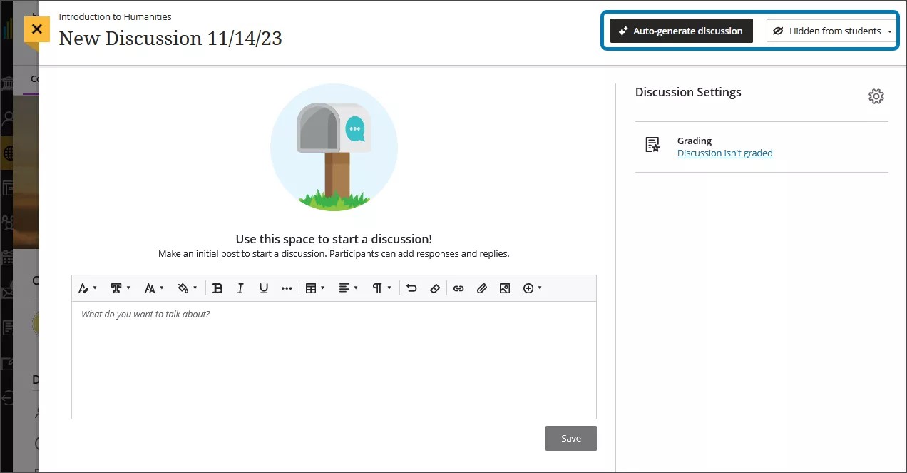 Imagen del panel para crear una nueva discusión, que muestra el editor de texto enriquecido y las opciones de configuración de discusión