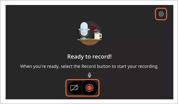 ¡Listo para grabar! pantalla. Las dos opciones para encender la cámara y grabar son visibles. El botón de opciones de configuración se encuentra en la parte superior derecha de la pantalla y está resaltado.
