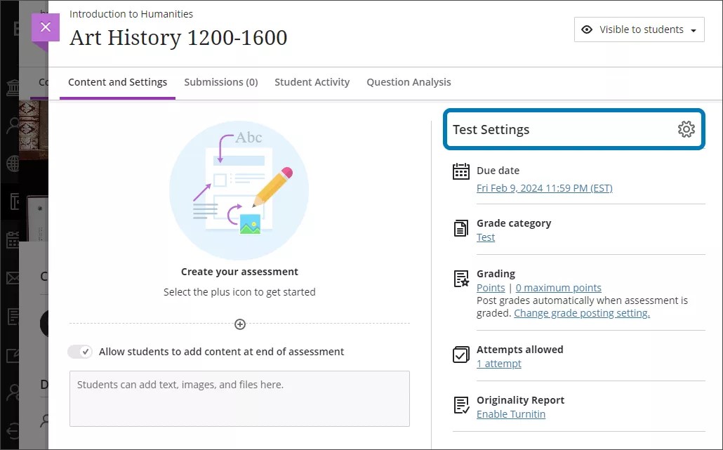 Página de examen con el icono de Configuración del examen resaltado