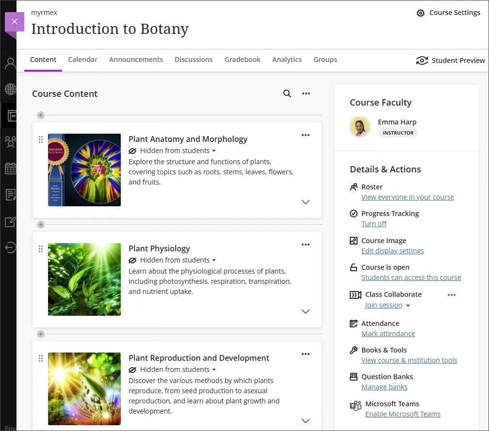 La page Contenu du cours, avec trois modules générés automatiquement