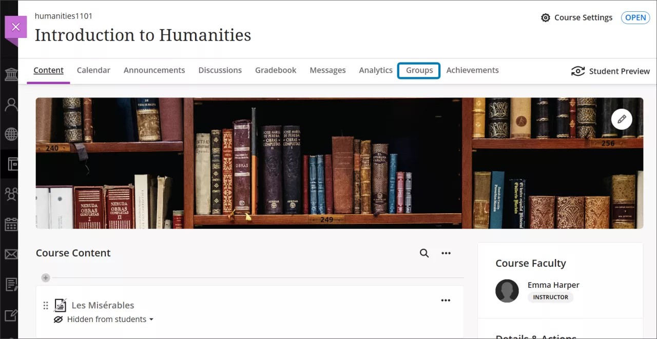 L'élément de menu Groupes est mis en surbrillance sur la page Contenu du cours