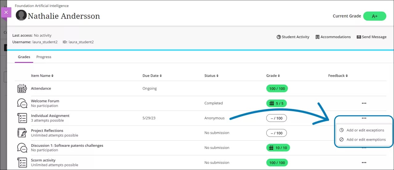 Ouvrez le menu des options de n'importe quelle évaluation anonyme et sélectionnez « Ajouter ou modifier des exemptions ».