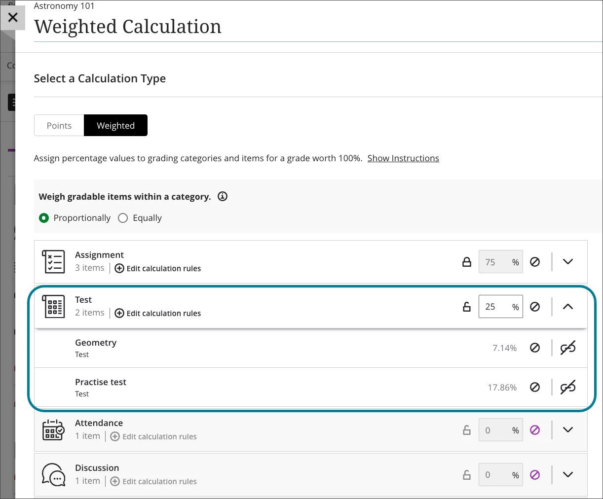 Vue par l'enseignant de la nouvelle option de calcul pondéré proportionnel. Les professeurs peuvent voir quel pourcentage chaque élément de la catégorie contribue à la pondération globale de la catégorie