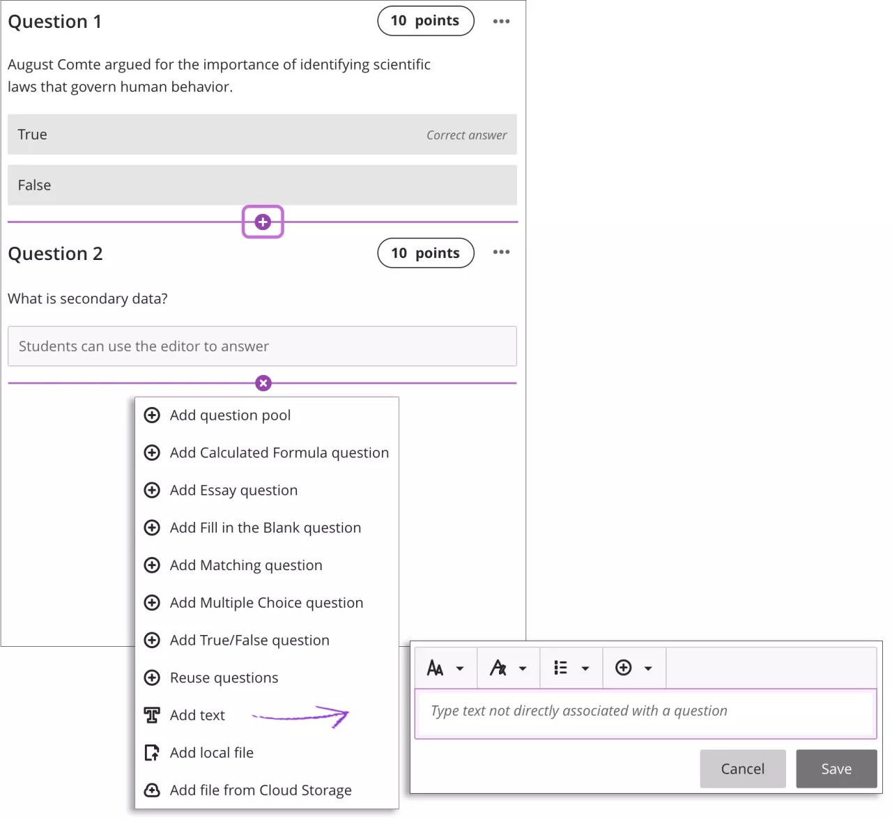 L'espace de devoir est ouvert avec 1) une question Vrai/Faux créée, 2) une question de rédaction créée, et 3) le signe plus cliqué et l'option « Ajouter du texte » sélectionnée.