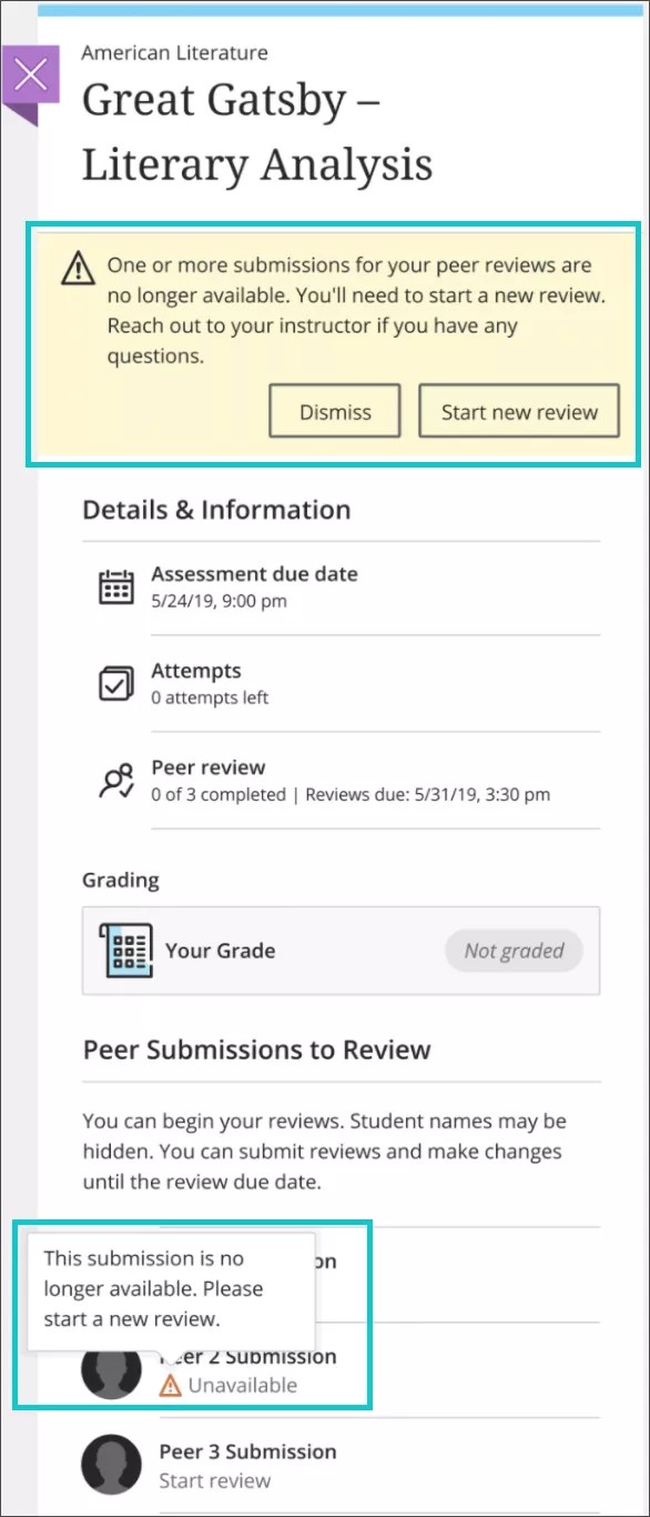 Du point de vue de l'étudiant, le panneau des devoirs est ouvert avec 1) un message d'avertissement « Une ou plusieurs soumissions pour votre évaluation par les pairs ne sont plus disponibles » affiché et surligné, et 2) un message d'avertissement « Cette soumission n'est plus disponible » surligné.