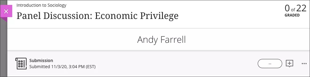 La page de soumission de l'étudiant est ouverte et l'affichage pour l'attribution des notes s'affiche.
