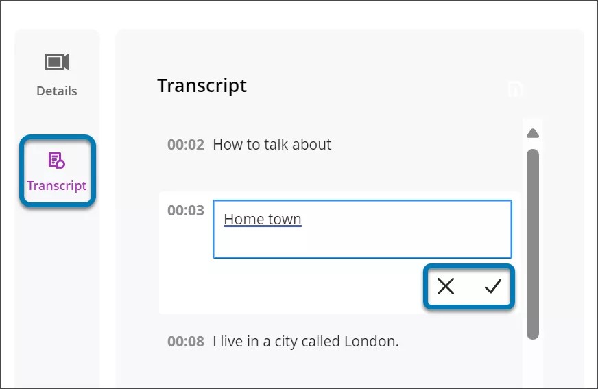 Le panneau d'édition des transcriptions de Video Studio est ouvert. Une ligne de texte de transcription a été sélectionnée. L'onglet de transcription est surligné dans une zone bleue et les options permettant d'annuler ou d'enregistrer une modification sont surlignées dans une zone bleue.