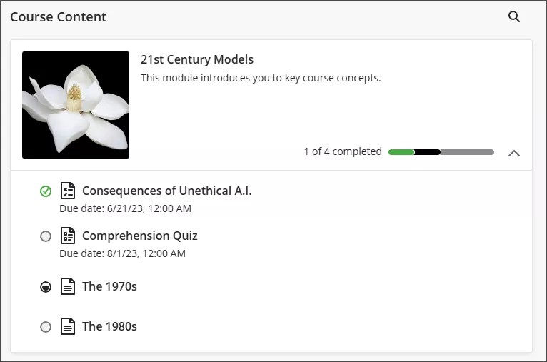 Image of a learning module with all types of progress icon