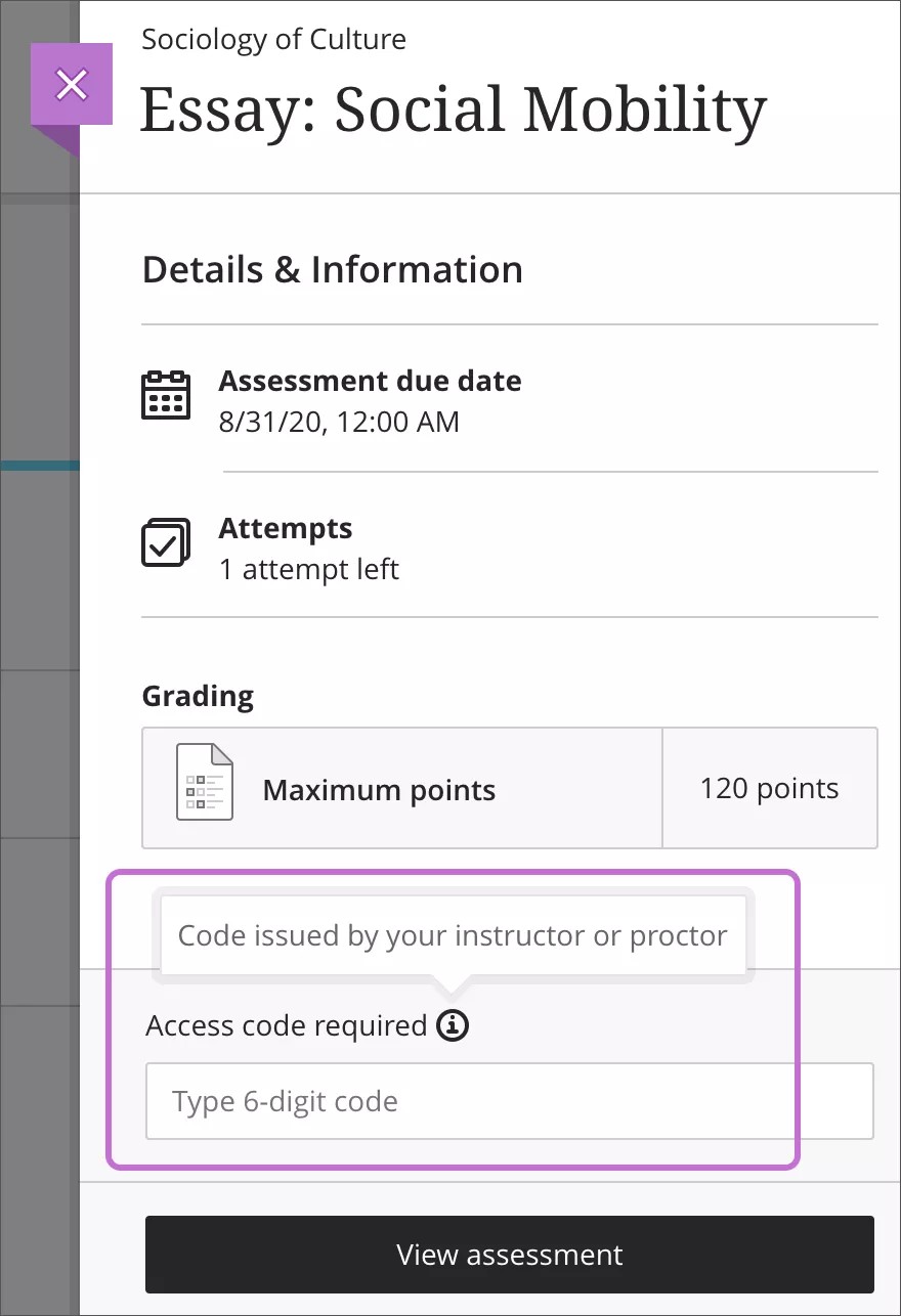 "Access code required" field on the Details & Information panel