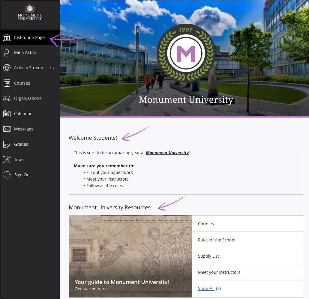 The Institution Page for Monument University with an arrow indicating the Institution Page option on the Base Navigation. An arrow indicates a Welcome Students module that has information about tasks students need to complete and another arrow indicates a Monument University Resources module that has a list of helpful links.