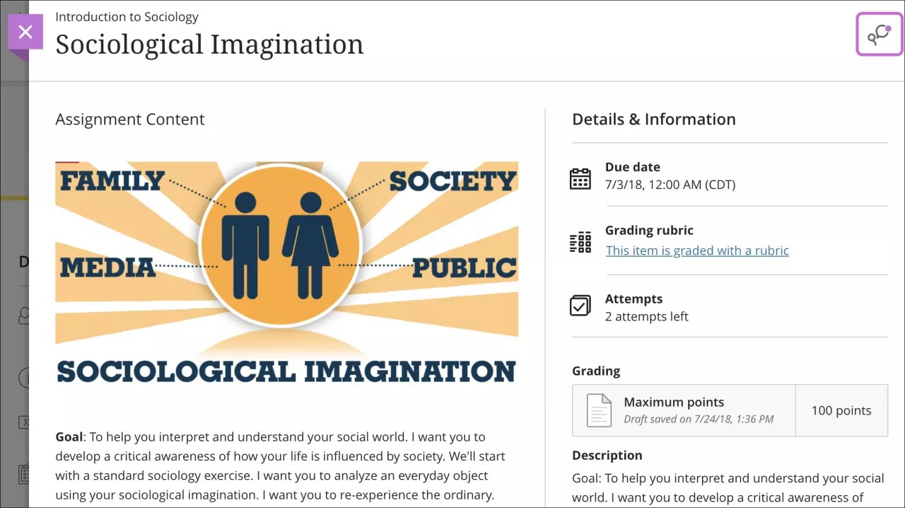 The Assignment Content on the left, the Details & Information pane on the right, and the Open Class Conversation icon with a purple circle highlighted in the top right corner