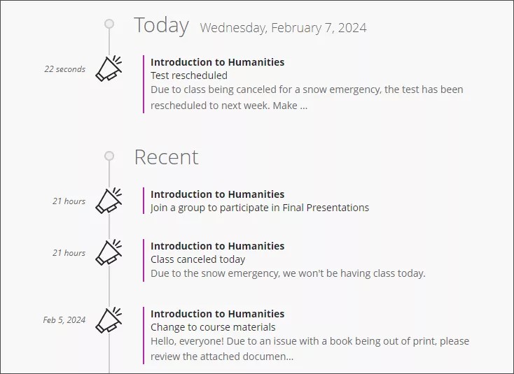Announcements on the Activity Stream, showing under Today and Recent