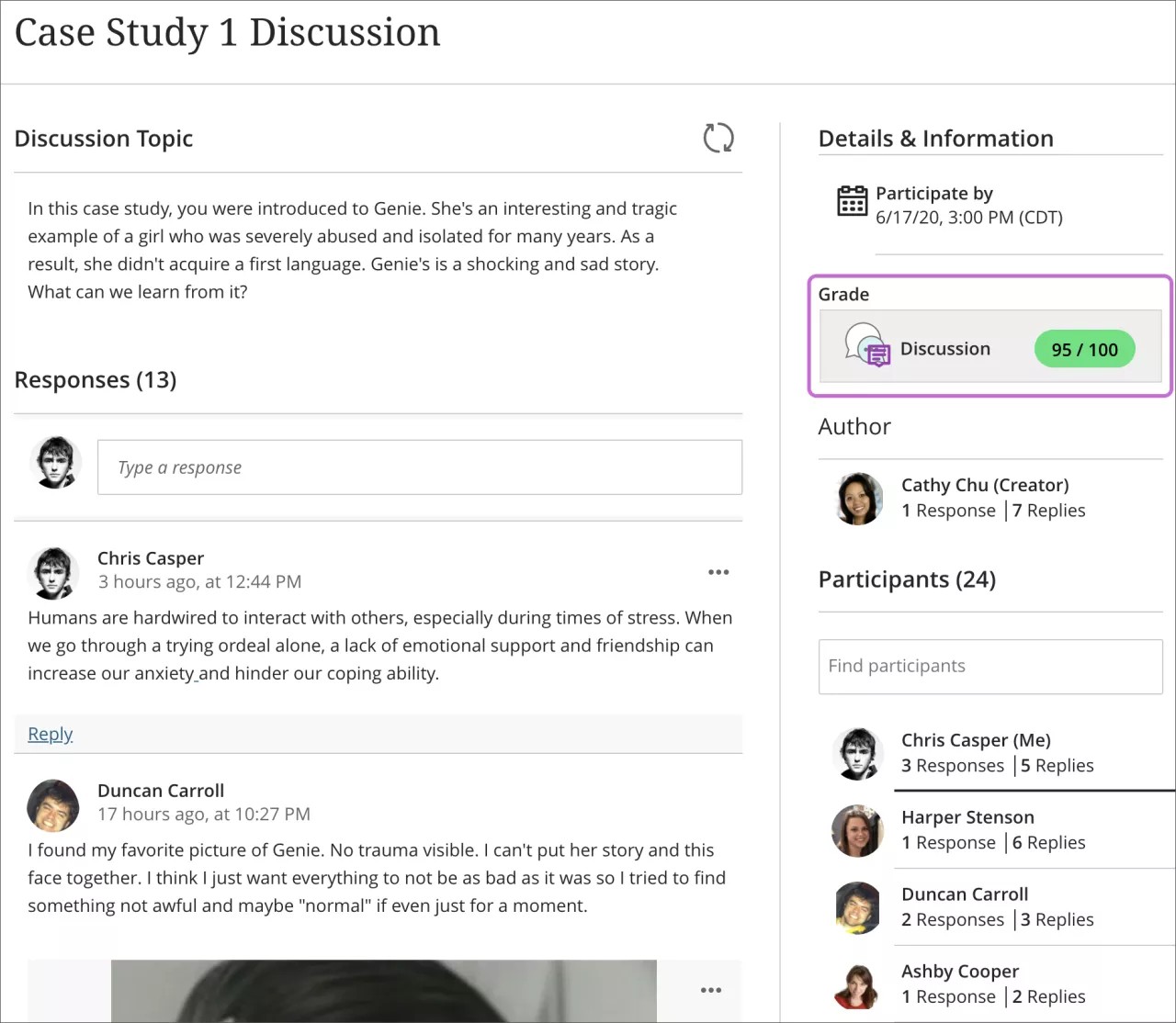 The discussion page for Case Study 1 Discussion, with the grade highlighted in the Details & Information panel