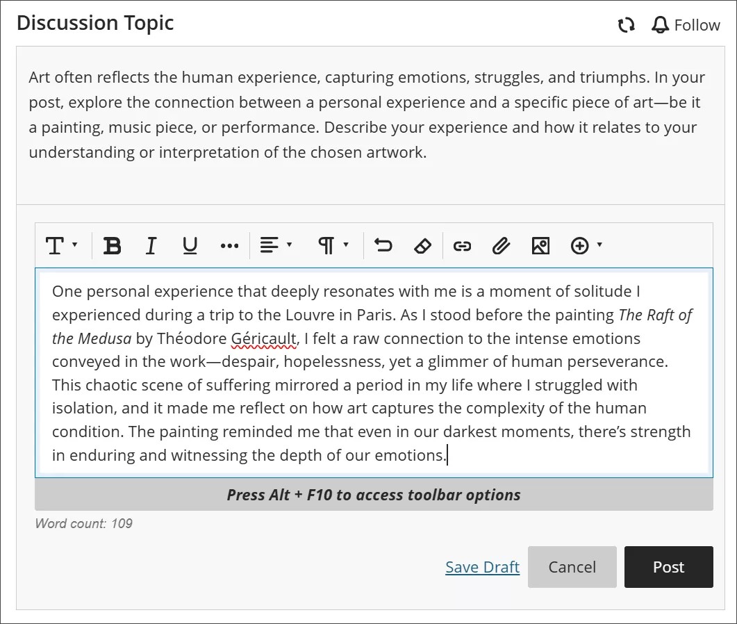 A student's response to a discussion post, with Save Draft, Cancel, and Post at the bottom of the screen beneath the editor