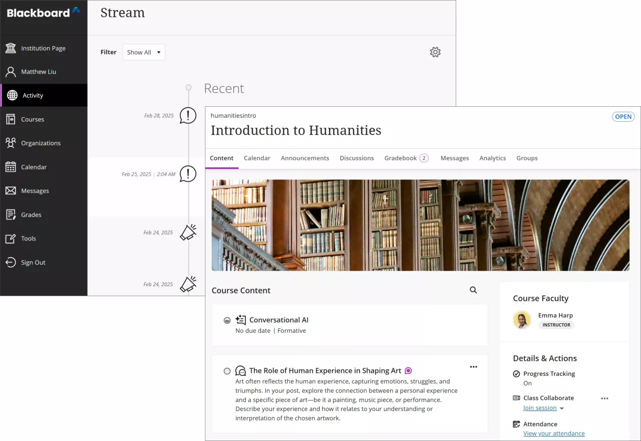 The Base Navigation is on the left, with the activity stream on the right. An image of the inside of a course is overlaying the Base Navigation.
