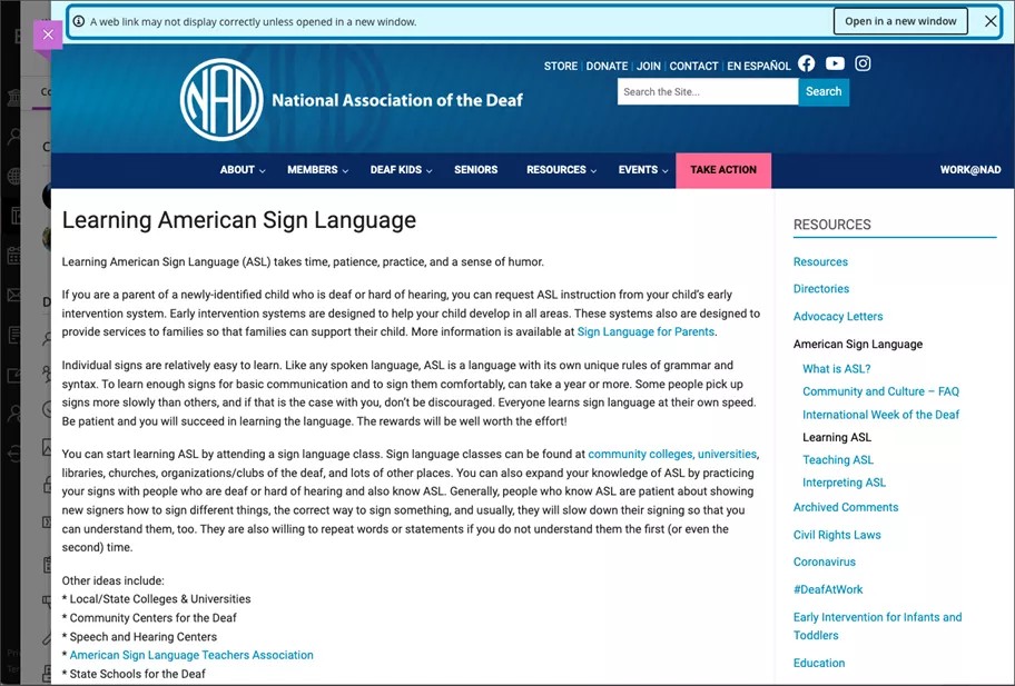 An external website opened in a panel in the Ultra course. A banner appears warning the student that some content may not be displayed unless opened in a new window.