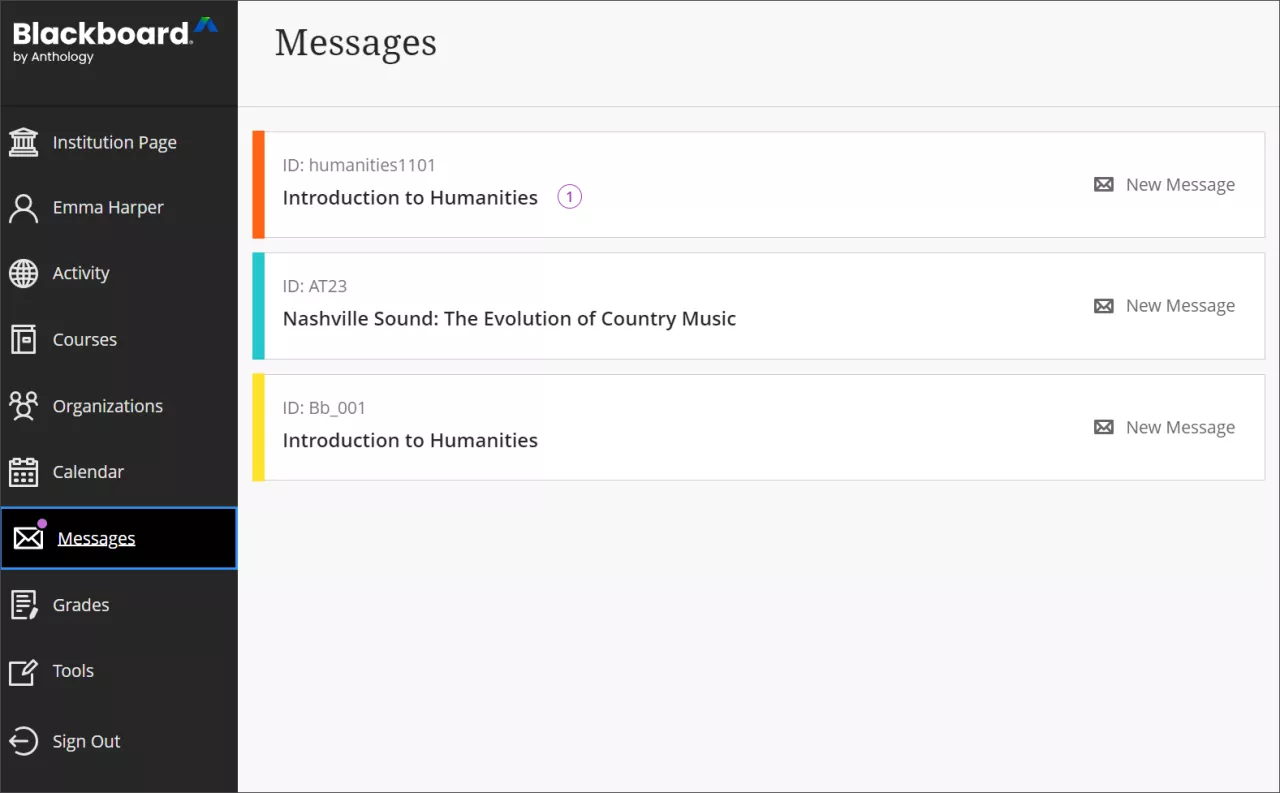 Global navigation page, with a purple circle beside the Messages menu option