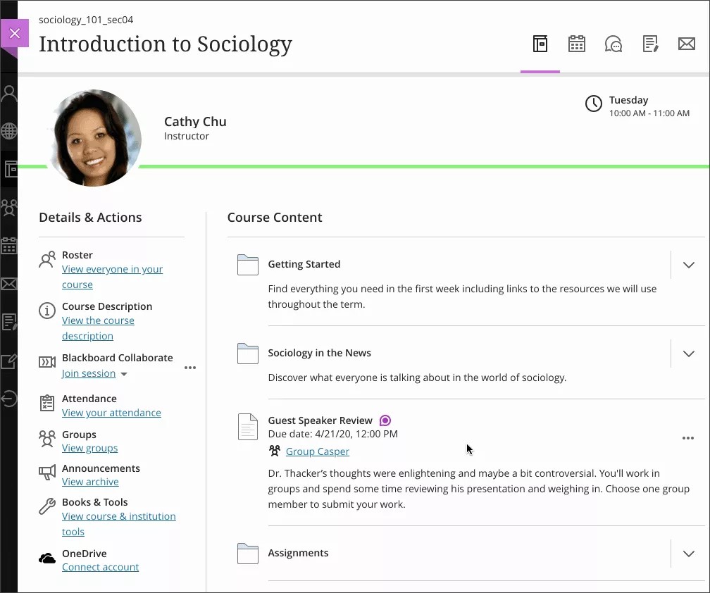 Moving screenshot image of Course Content page that demonstrates how to select and participate in a group assignment.