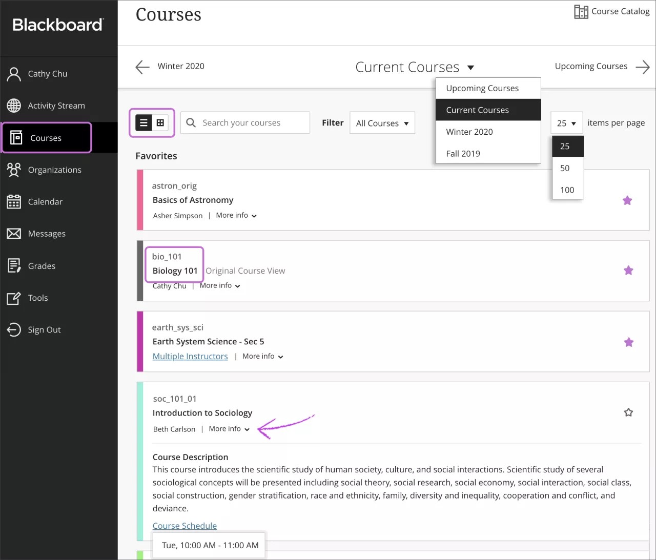 The Courses page with Courses highlighted on Base Navigation. The term and items per page menus are expanded. The More info button is indicated with an arrow. The button to toggle between list and card view is highlighted. The course ID and course title for the bio_101 Biology 101 course are highlighted.