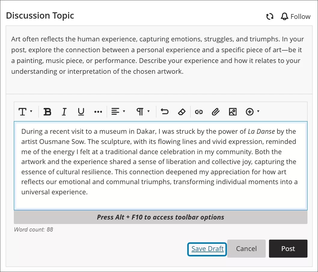 A student's discussion post has Save Draft highlighted