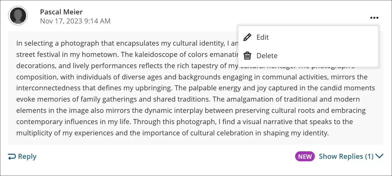 A discussion post, with the More options menu expanded to show the options to Edit and Delete