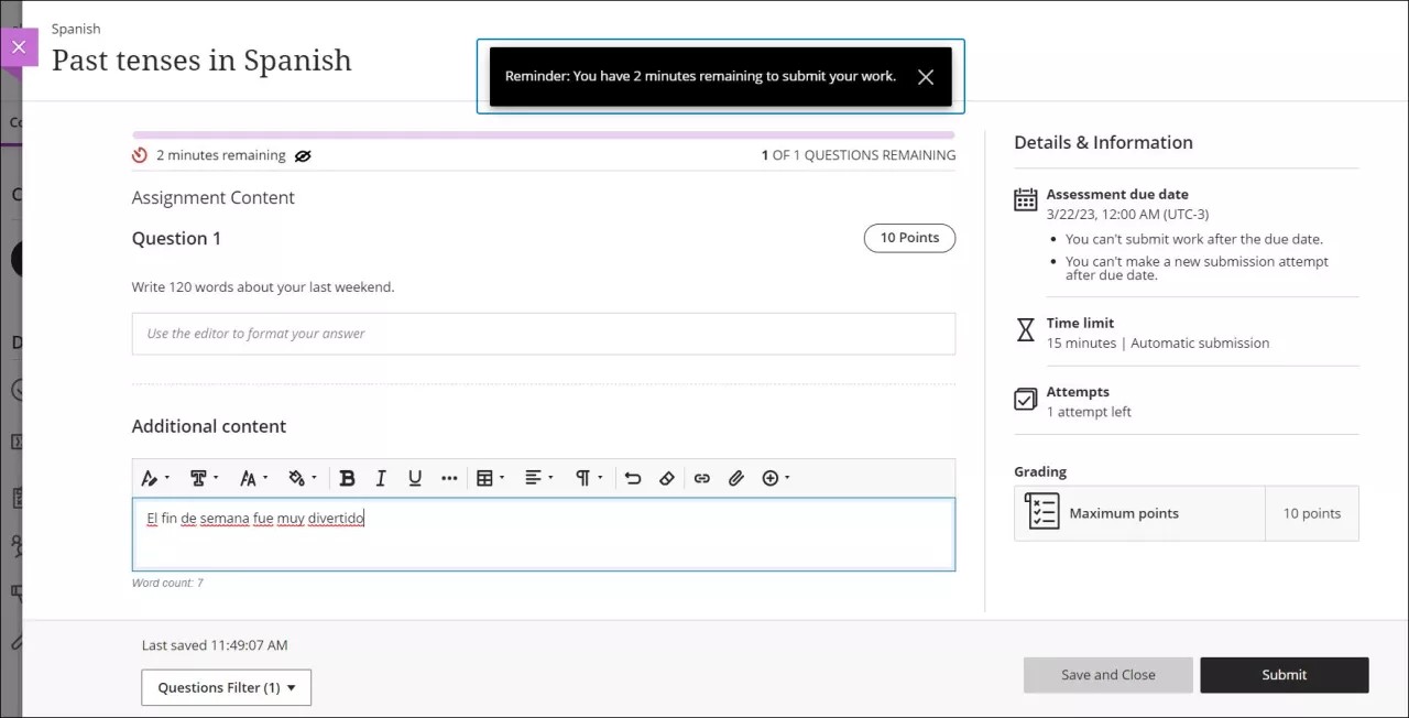 Notificación de tiempo restante durante una actividad cronometrada