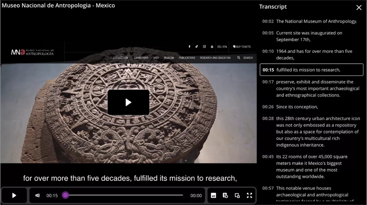 Écran Video Studio avec transcription. Le curseur sélectionne un horodatage sur la transcription, et la vidéo est diffusée à partir de l'heure correspondante.