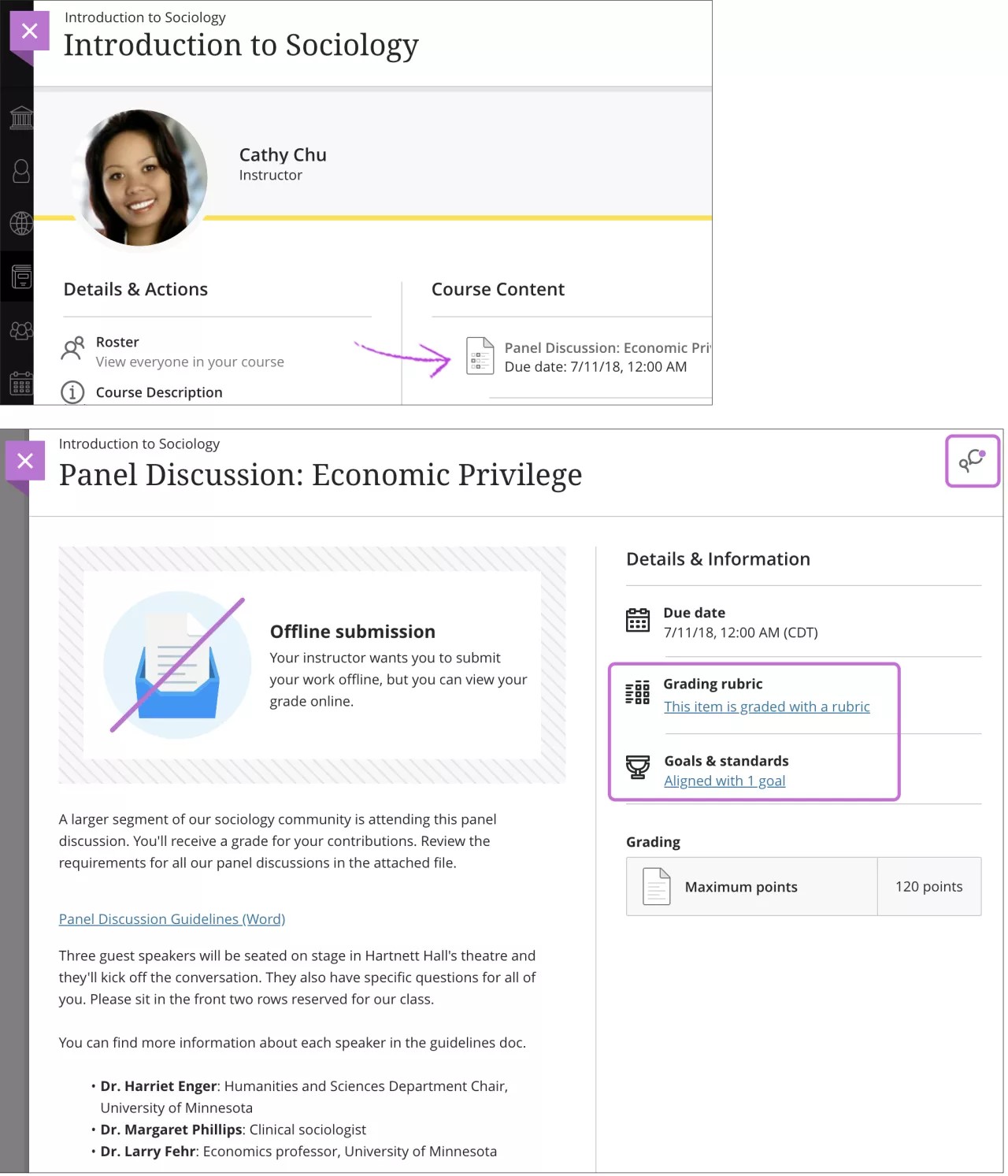 Du point de vue de l'étudiant, le panneau Contenu du cours est ouvert et 1) un exemple de devoir est sélectionné et 2) les options « Rubrique de notation » et « Normes relatives aux objectifs » sont surlignées.