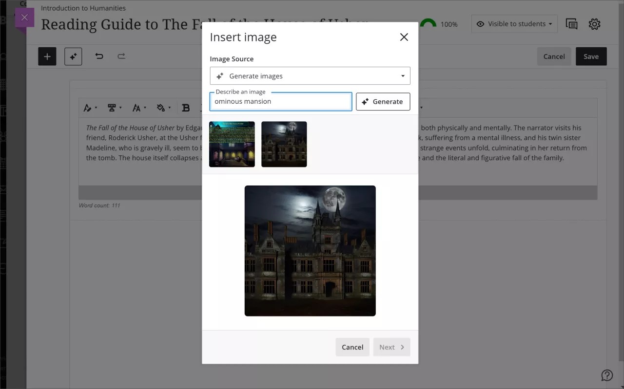 Le panneau Insérer une image, avec une image d'un manoir générée à partir du message « manoir inquiétant »
