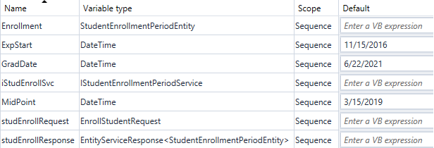 Variables for StudentEnrollmentPeriodEntity workflow