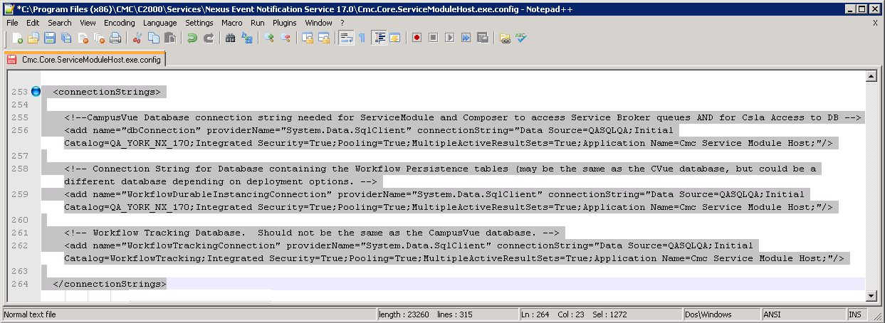 Service Module Host Config - Connection Strings