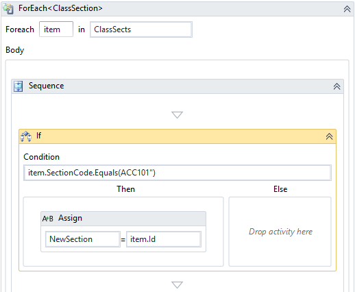 ForEach<ClassSection> with If activity