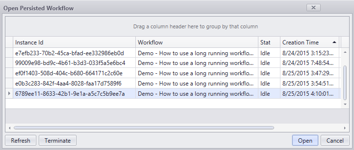 Open Persisted Workflow window