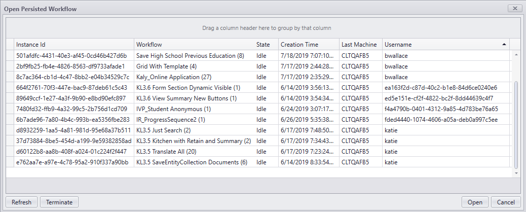 Open Persisted Workflow window